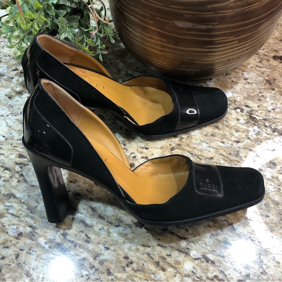 GUCCI Patent Leather Suede Black D'Orsay Square Toe Block Heel Pumps 5.5 - Picture 1 of 13